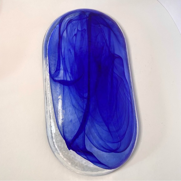 Glass Cobalt Blue Swirl Trinket Serving Tray Dish - Picture 10 of 15